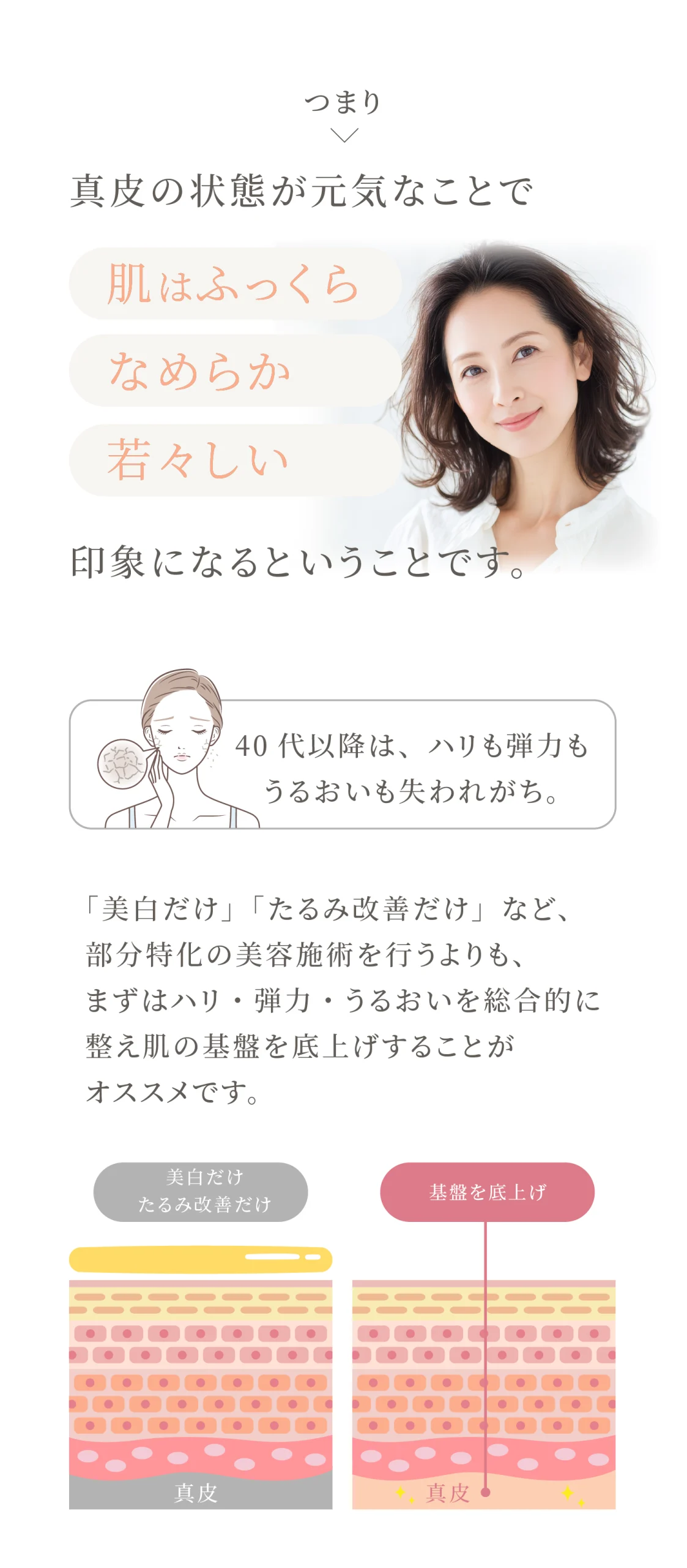 真皮の状態と肌のハリ・弾力の関係を説明する美容イメージ